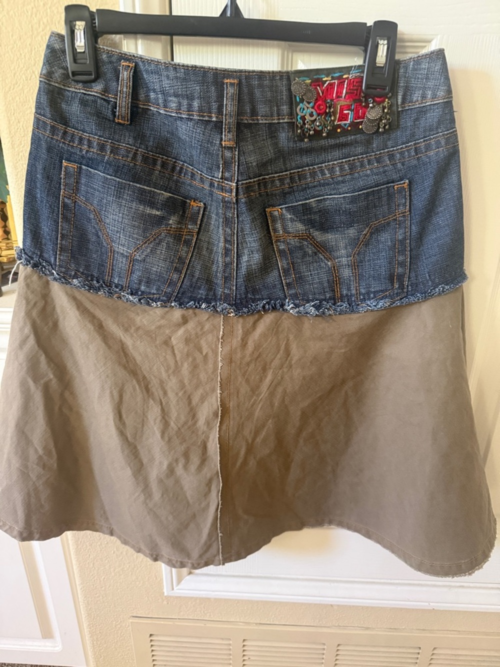 2K Miss Sixty Two-Tone Denim and Khaki A-Line Skirt with Embellished Accents Fun - Picture 3 of 6